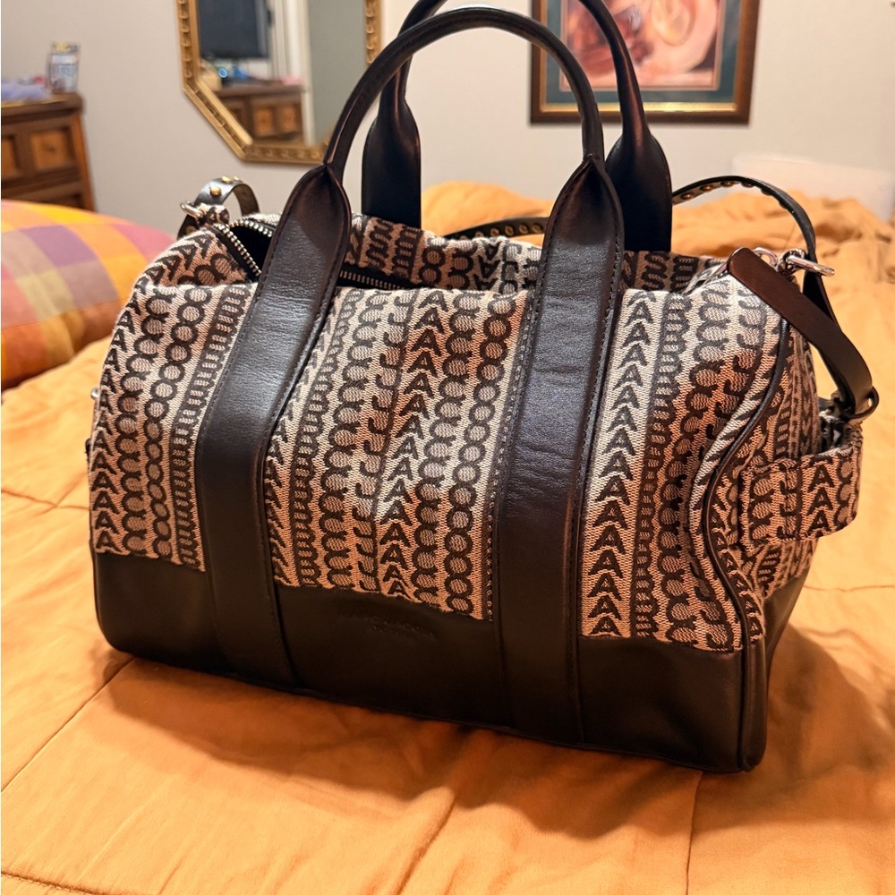 Marc Jacobs Blue & Heather gray Patterned Canvas Duffel Satchel